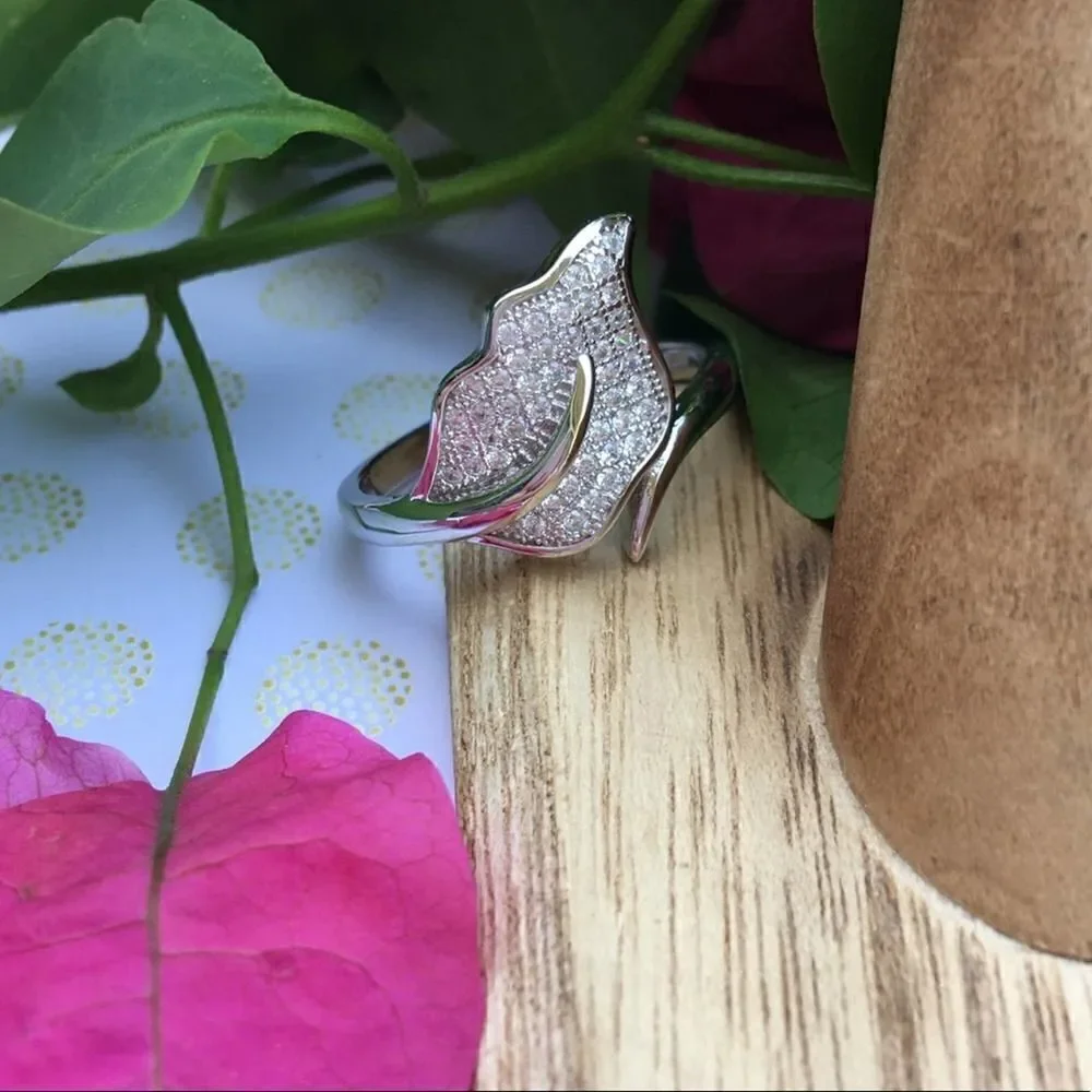 Micro Pave Cz Diamond Leaf Sterling Silver Ring Size 11